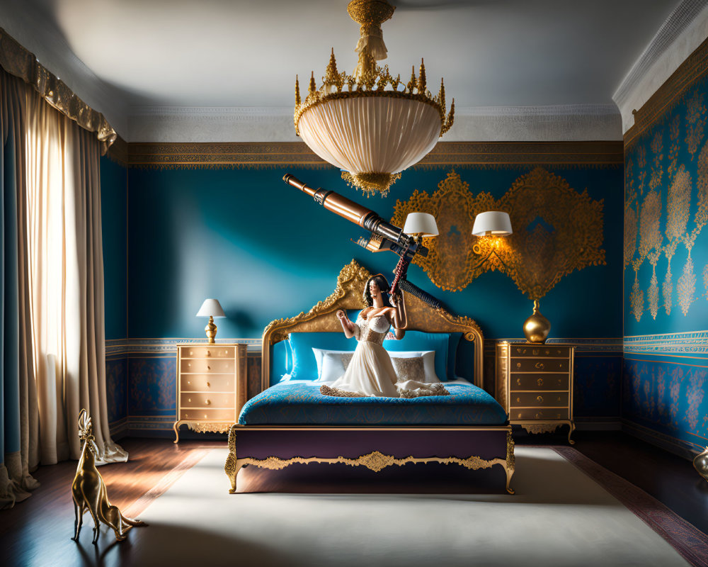 Luxurious room with ornate gold and blue decor, large chandelier, elegant bed, woman with