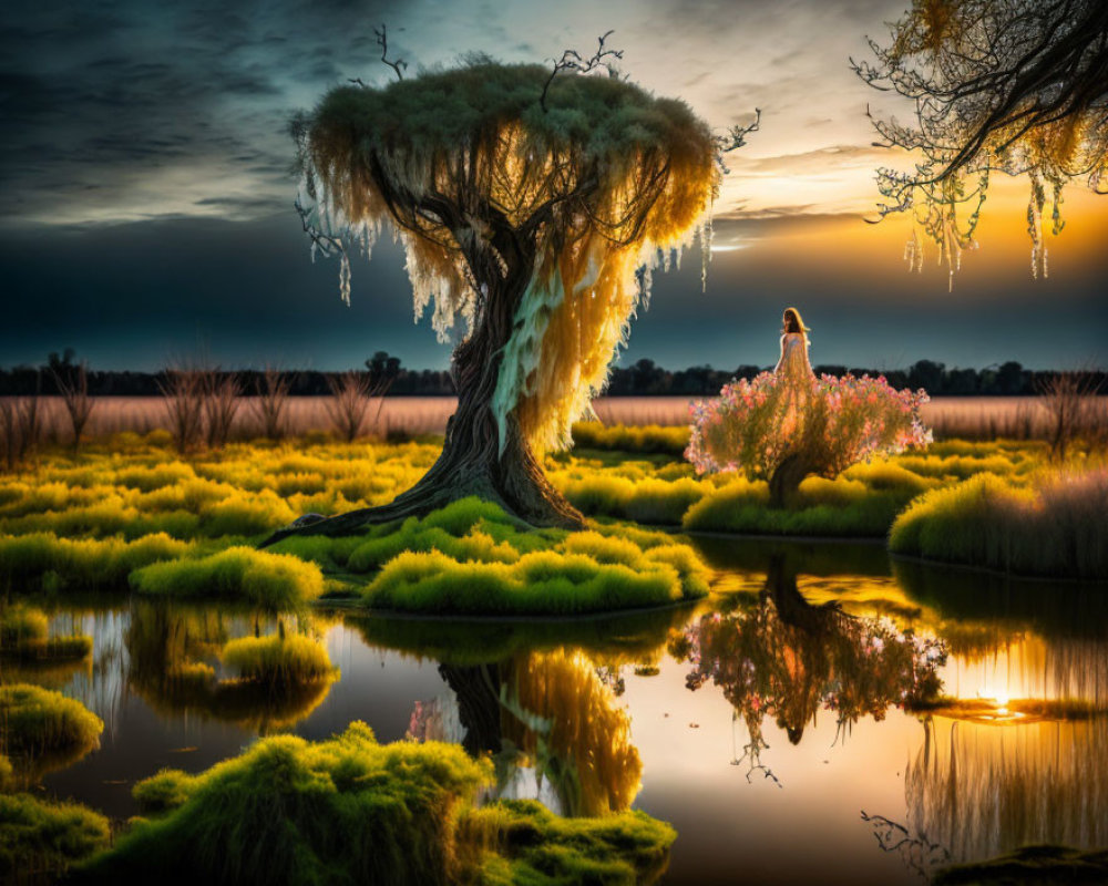 Tranquil riverside scene with ancient tree and hanging moss at dusk