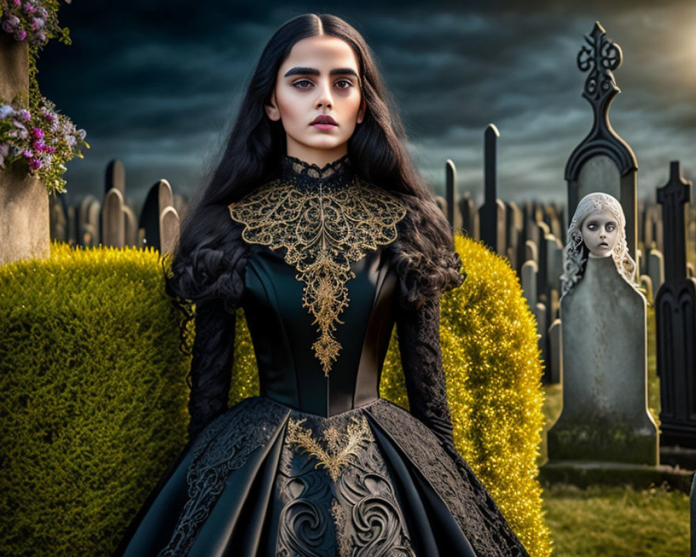 Victorian gothic dress woman in cemetery with ornate gravestones at twilight