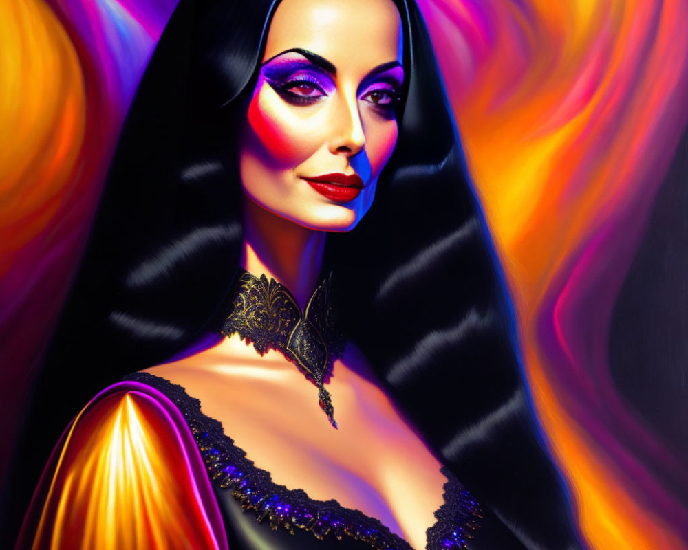 Vibrant portrait of a woman with dark hair and striking makeup