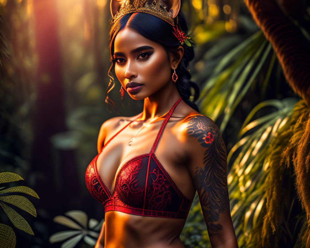 Woman with Crown and Tattoos in Red Bikini in Tropical Forest Setting