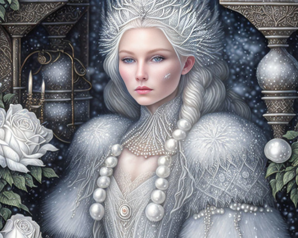 Regal ice-themed woman surrounded by intricate patterns and white roses