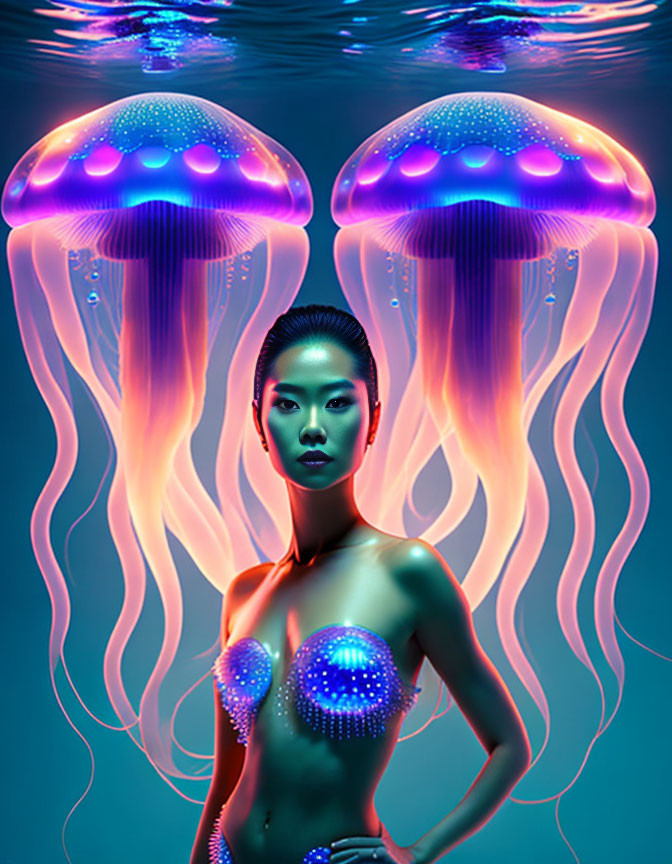 Surreal portrait of woman with glowing jellyfish in dark underwater scene