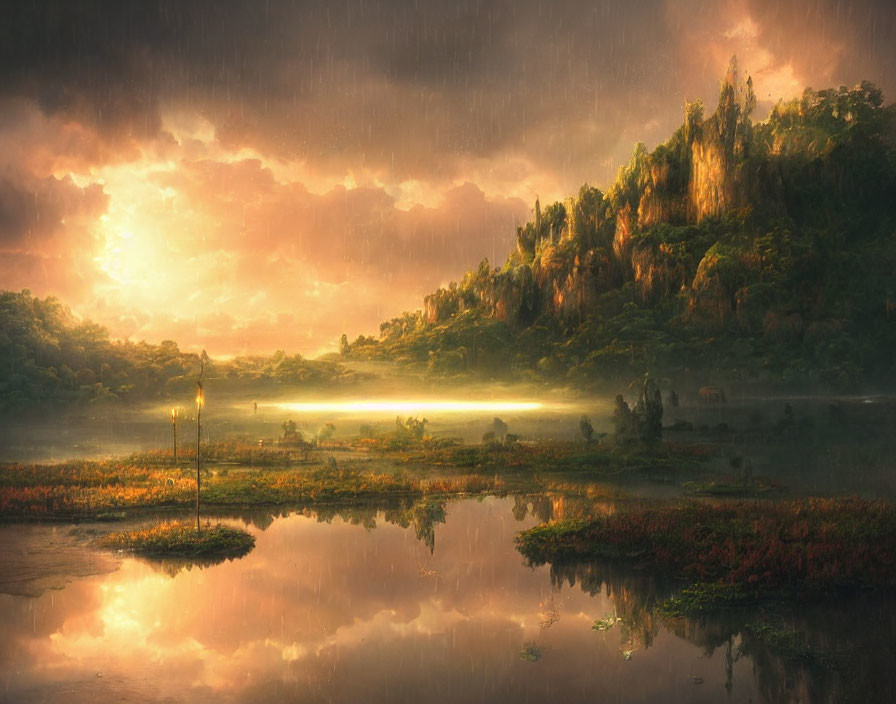 Tranquil landscape with reflective lake, lush greenery, cliffs, and golden sky.