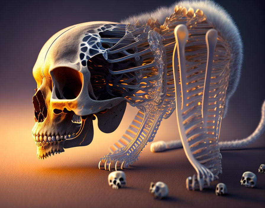 Human skull merging into snake skeleton on warm background