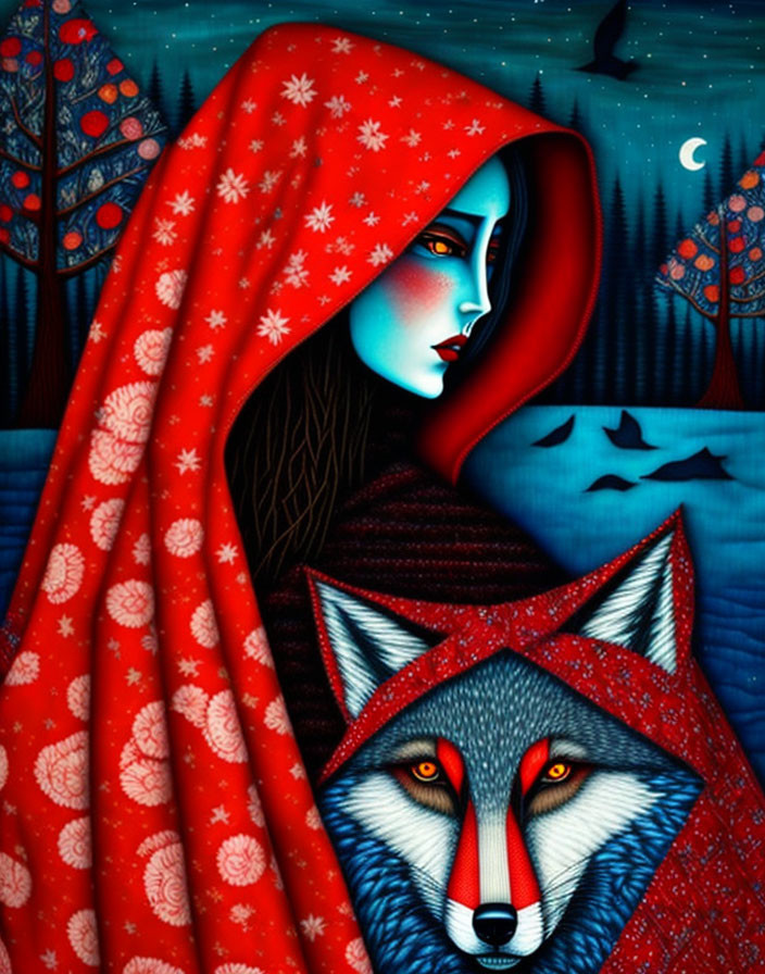 Illustration of Woman in Red Cloak with Fox in Night Woodland