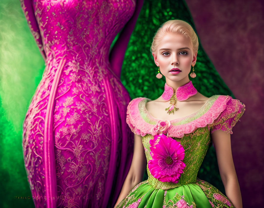 Blonde woman in vintage green and pink dress with floral accessories