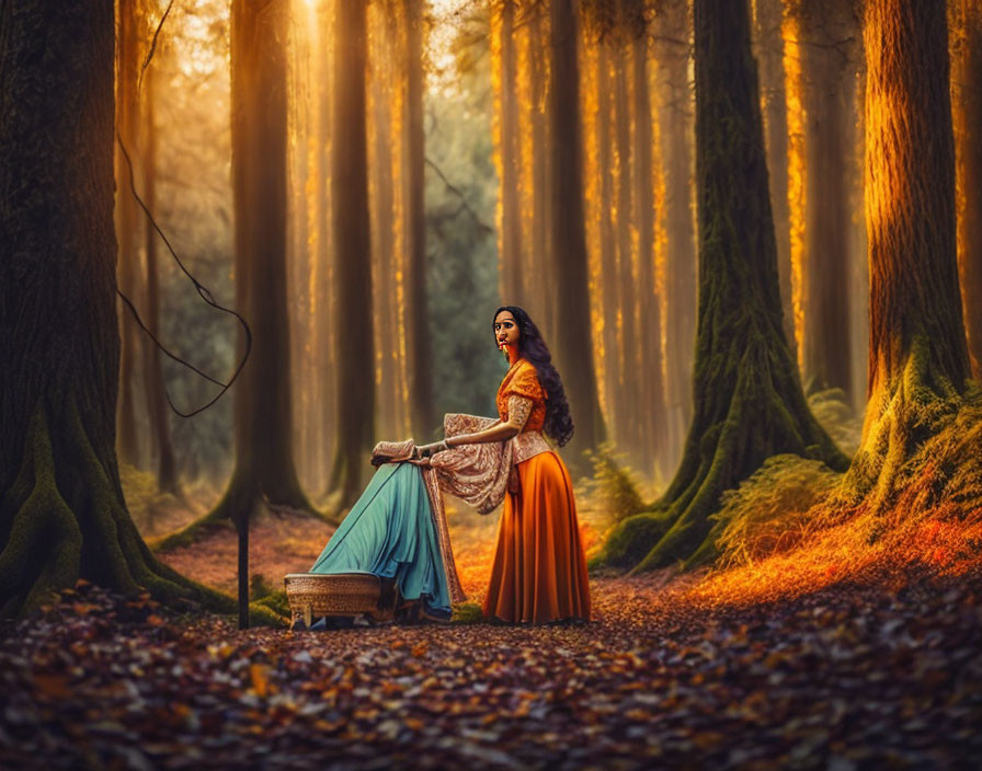 Woman in traditional attire beside gramophone in mystical forest with sunlight.