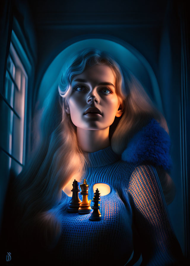 Blonde Woman in Blue Sweater Holding Chess Pieces in Moody Corridor