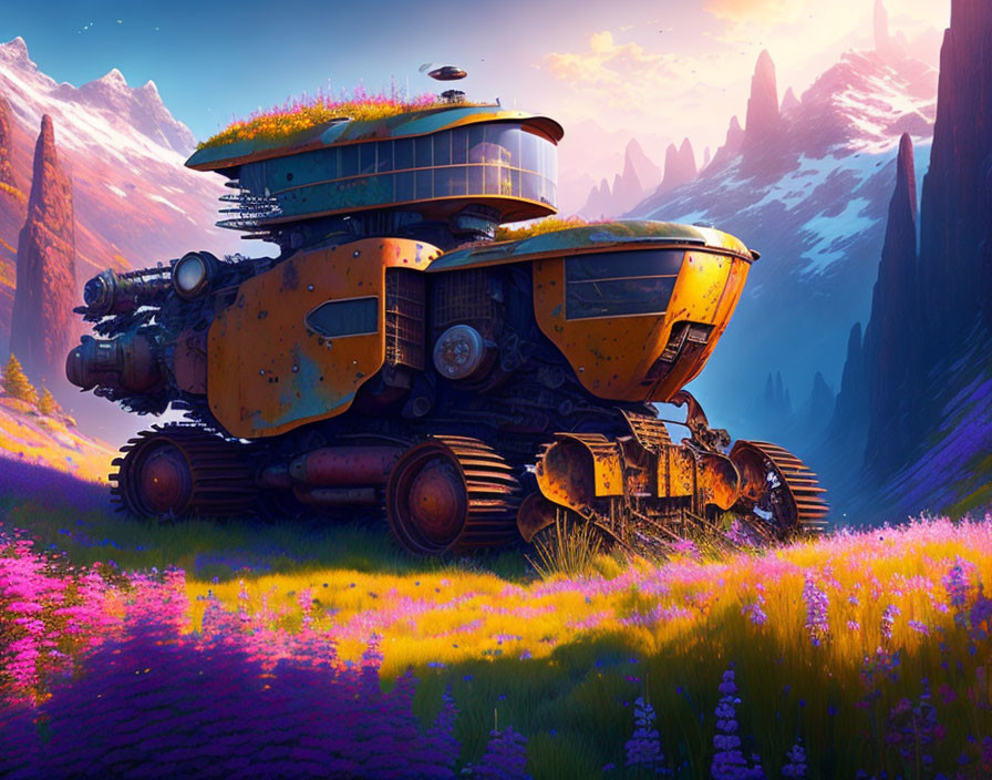 Futuristic yellow train with dome in vibrant purple field