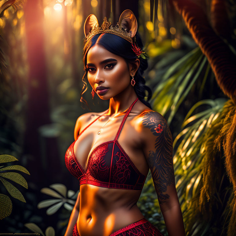 Woman with Crown and Tattoos in Red Bikini in Tropical Forest Setting