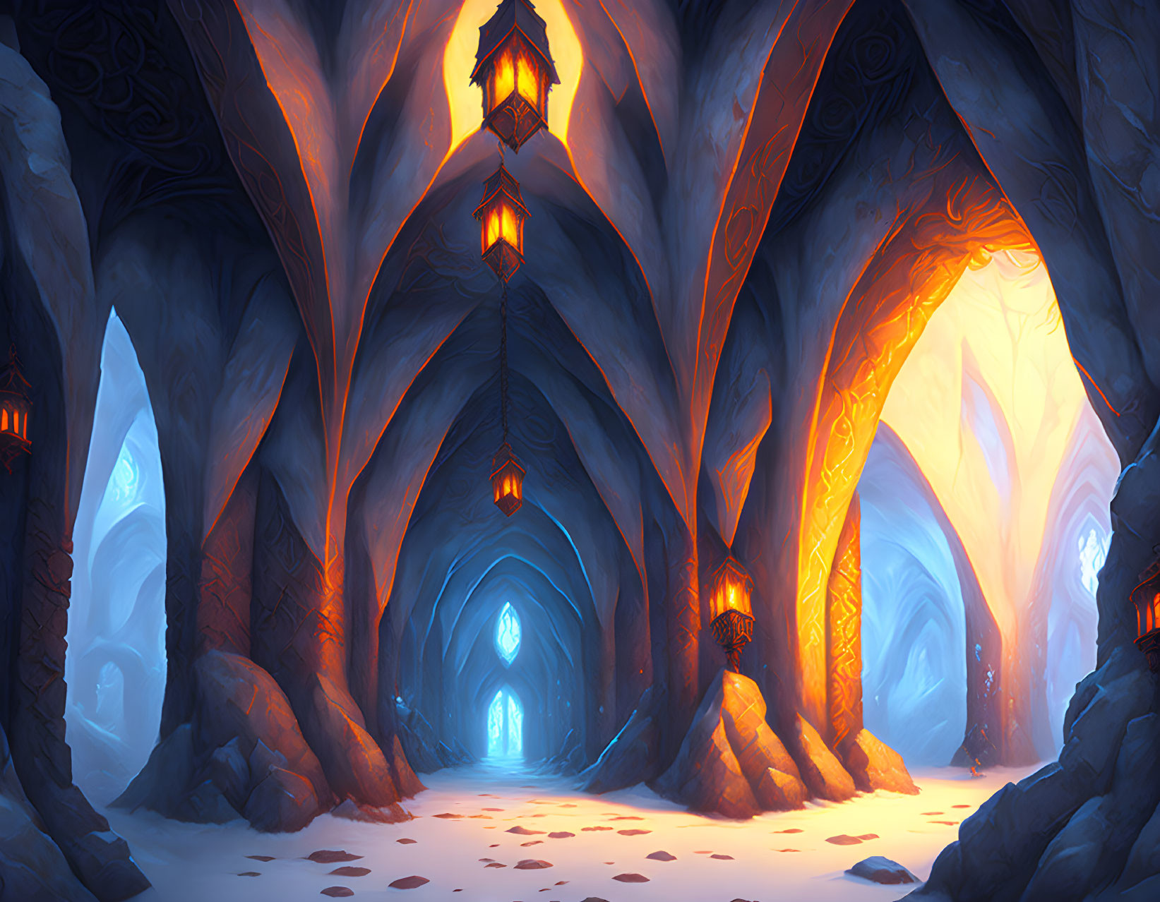 Ethereal ice cavern with glowing lanterns and intricate archways