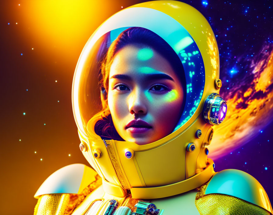 Vibrant yellow astronaut portrait with cosmic background