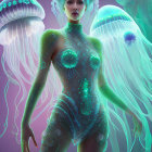 Digital artwork of woman with jellyfish-inspired bioluminescent body art and headpiece among glowing jelly