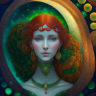 Detailed Illustration of Woman with Red Hair and Cosmic Background