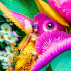 Colorful Fairy Among Flowers and Butterfly in Digital Art