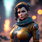 Digital artwork of female character in blue and gold armor with goggles, against warm glowing orbs on blurred background