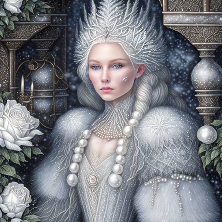 Regal ice-themed woman surrounded by intricate patterns and white roses