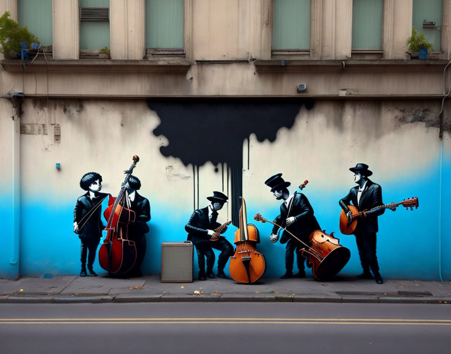 Colorful street art mural featuring five musicians with instruments against a blue backdrop.