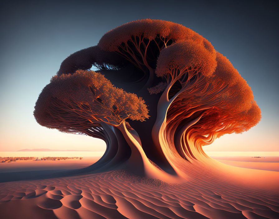 Surreal twisted trees with red foliage in desert landscape.