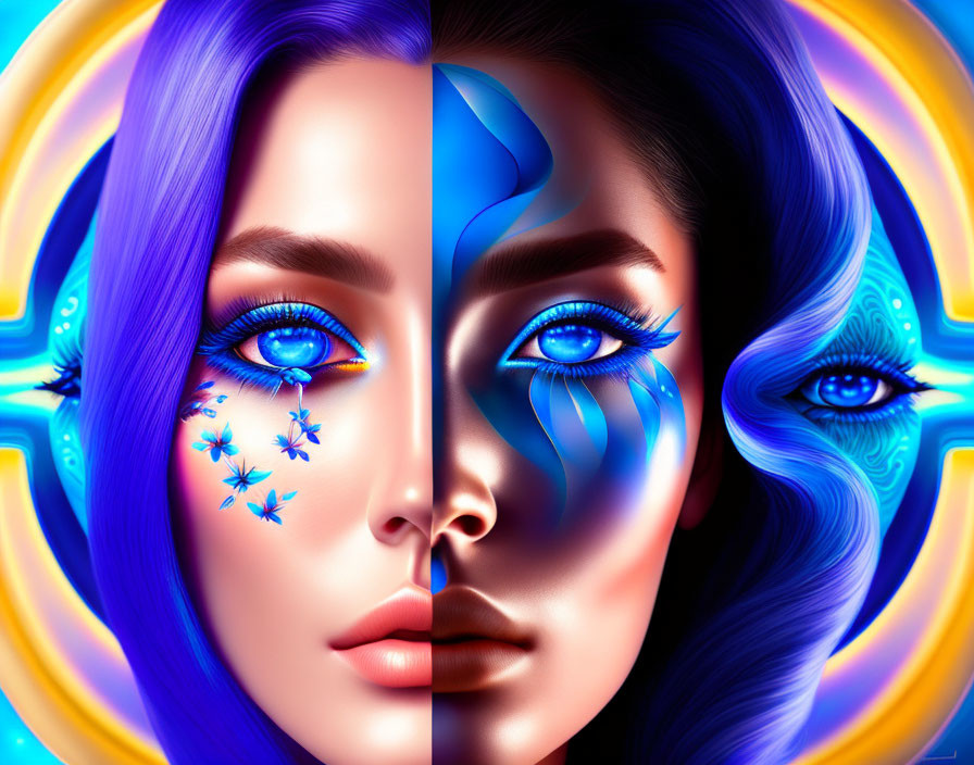 Symmetrical digital artwork: Woman's face in vibrant blue hues and floral patterns