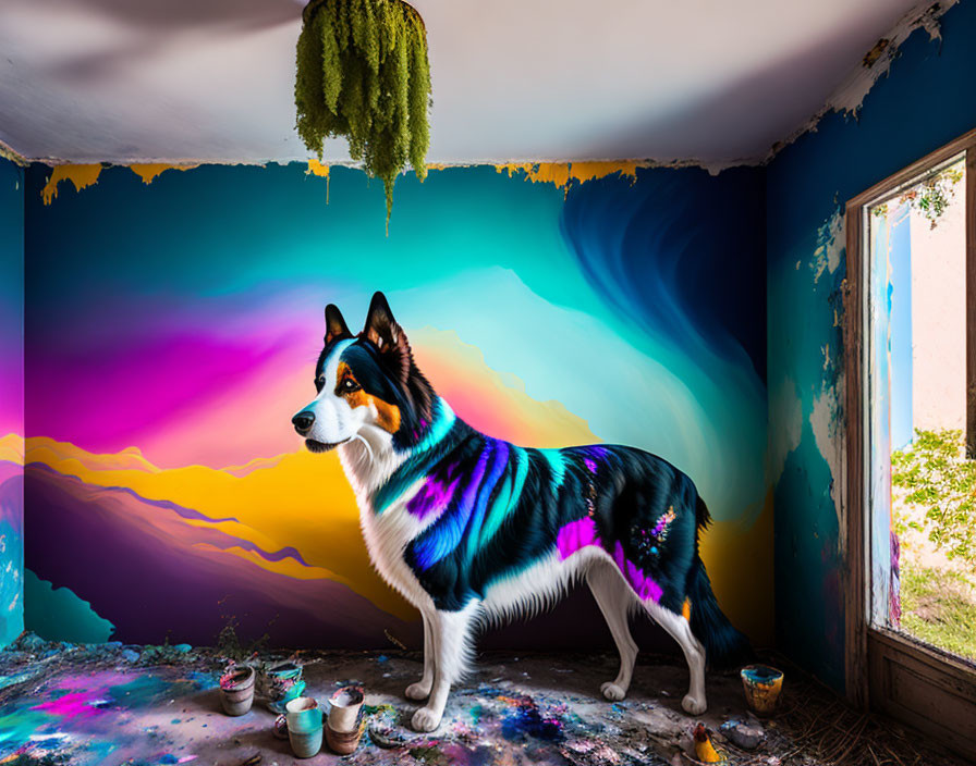 Border collie in abandoned room with psychedelic art and nature view