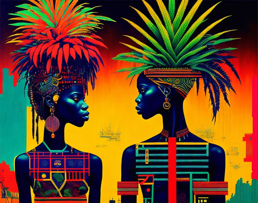 Colorful Artwork Featuring Two Women Profiles with Elaborate Headdresses