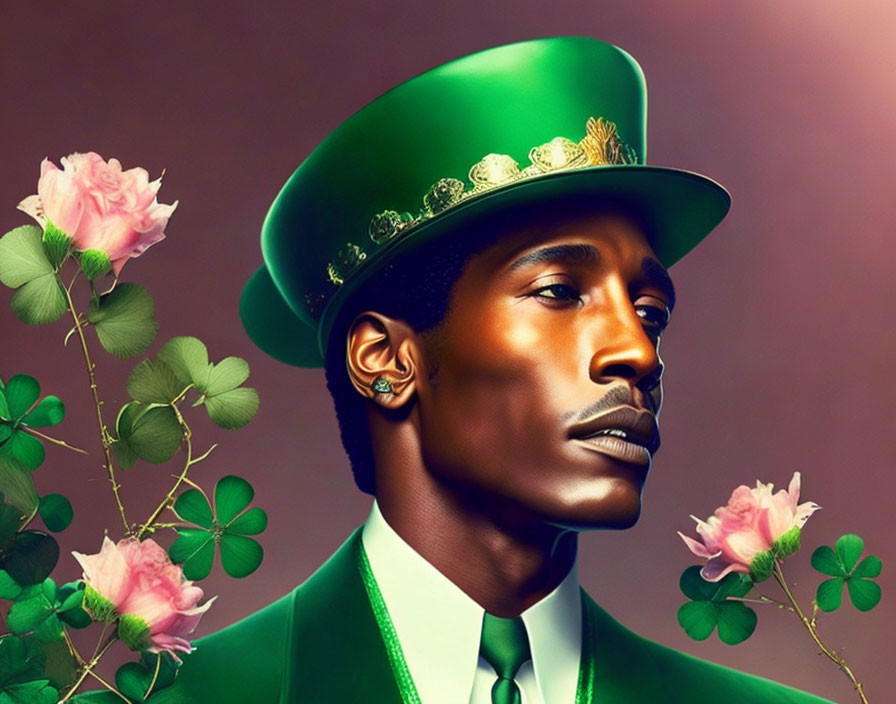 Stylized portrait of a man in green hat with gold detail, set against pink roses and green