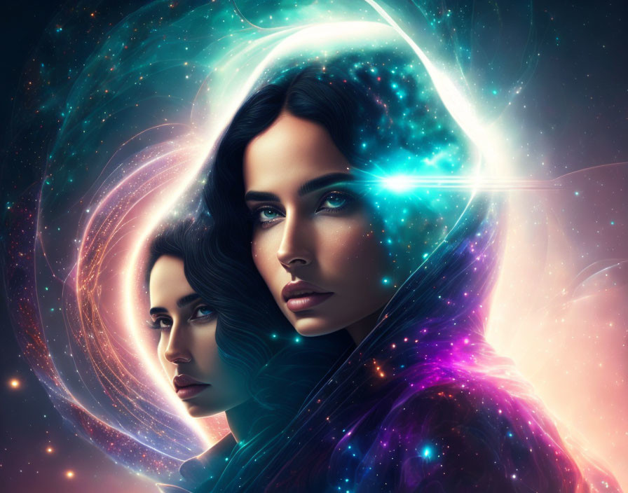 Digital Artwork: Two Women with Cosmic Elements in Vibrant Colors