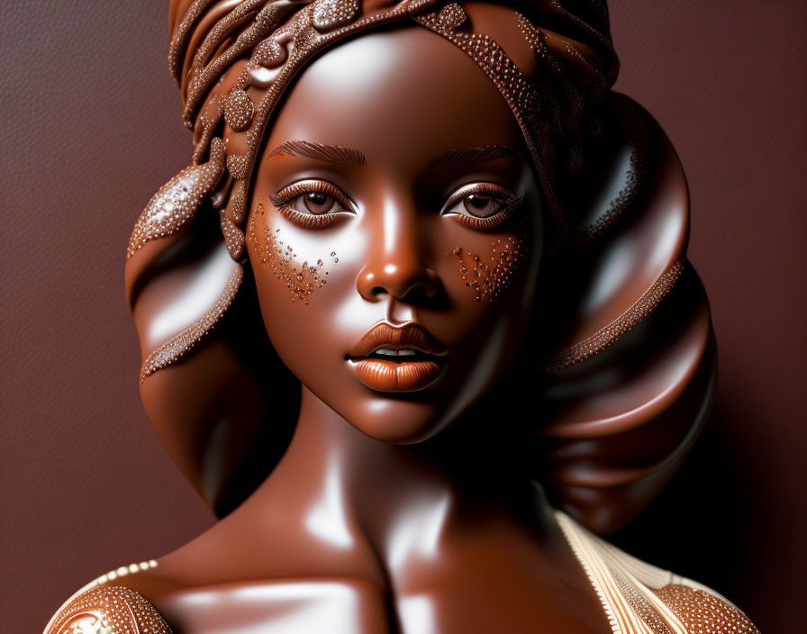 Digital illustration of a elegant woman with rich brown skin, captivating eyes, headscarf, and intricate