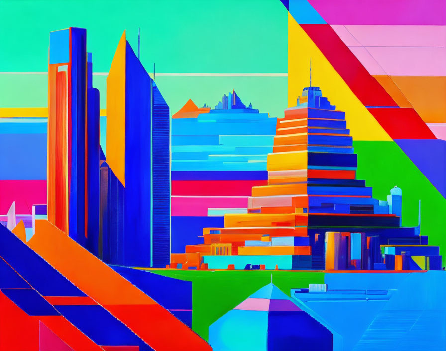 Colorful Abstract Cityscape: Geometric Buildings in Bright Blues, Oranges, and Pinks