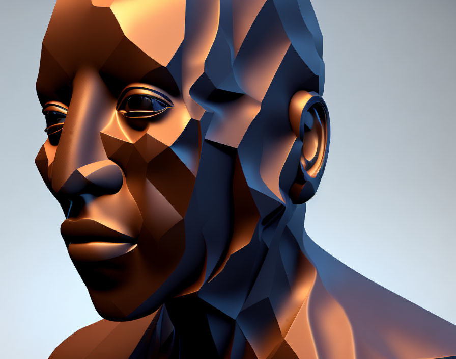 Stylized polygonal human face in orange and blue hues