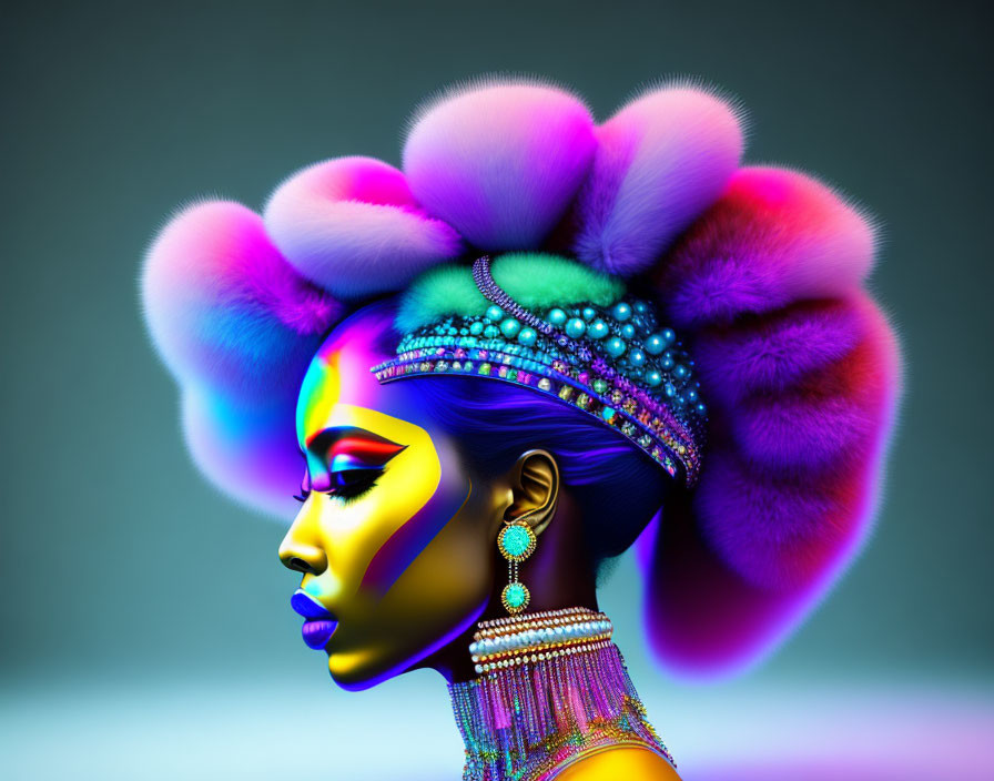 Vibrant digital artwork of woman with colorful makeup and fluffy sphere headdress