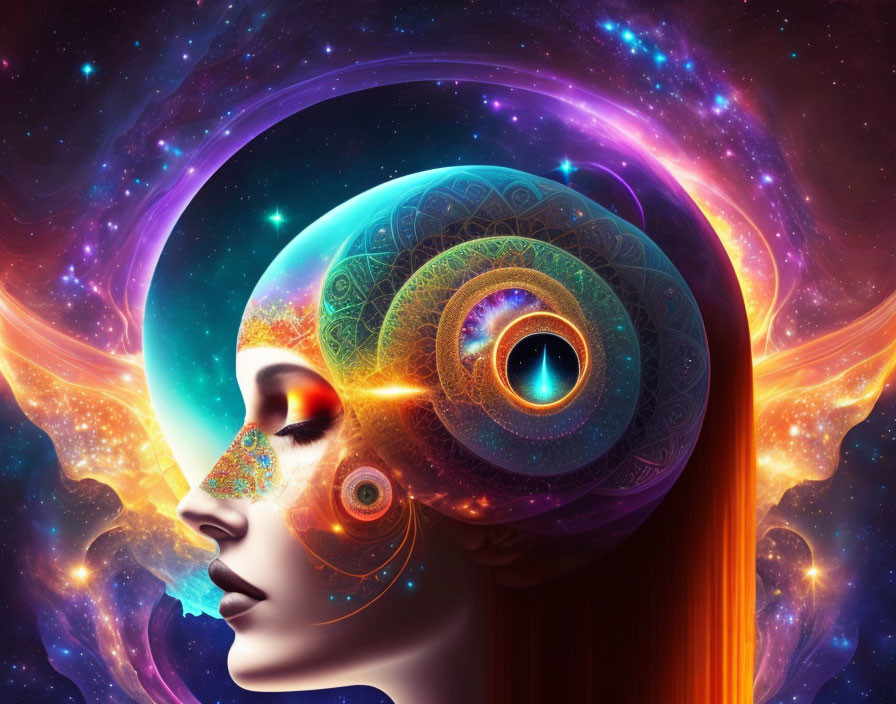 Digital Art: Woman's Profile with Cosmic Consciousness