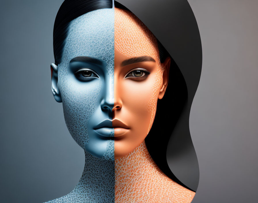 Split-face digital art: textured blue side vs. natural tones side