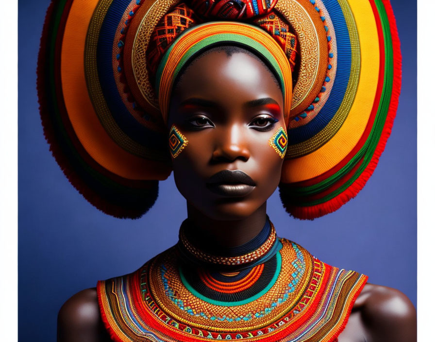 Colorful African Woman with Striking Makeup and Headdress