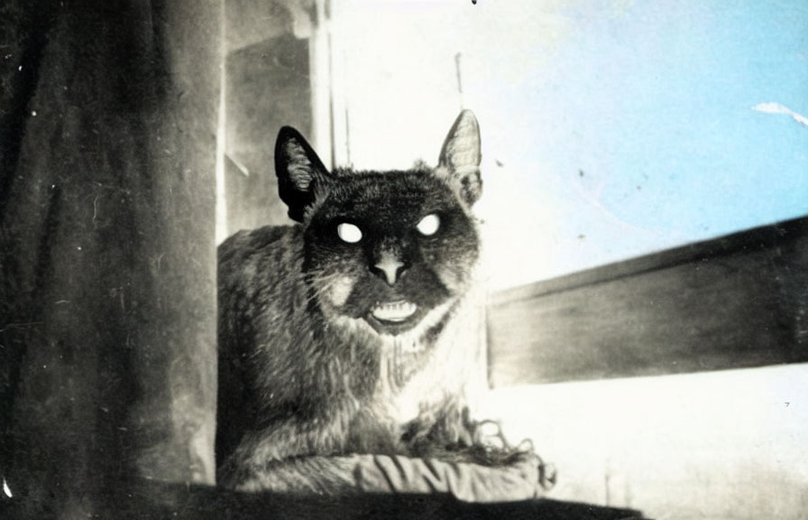 Vintage Black and White Photo of Dark-Furred Cat with Glowing Eyes Sitting Indoors