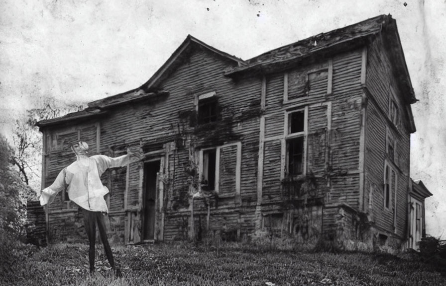 Monochrome image of figure at rundown house with foliage