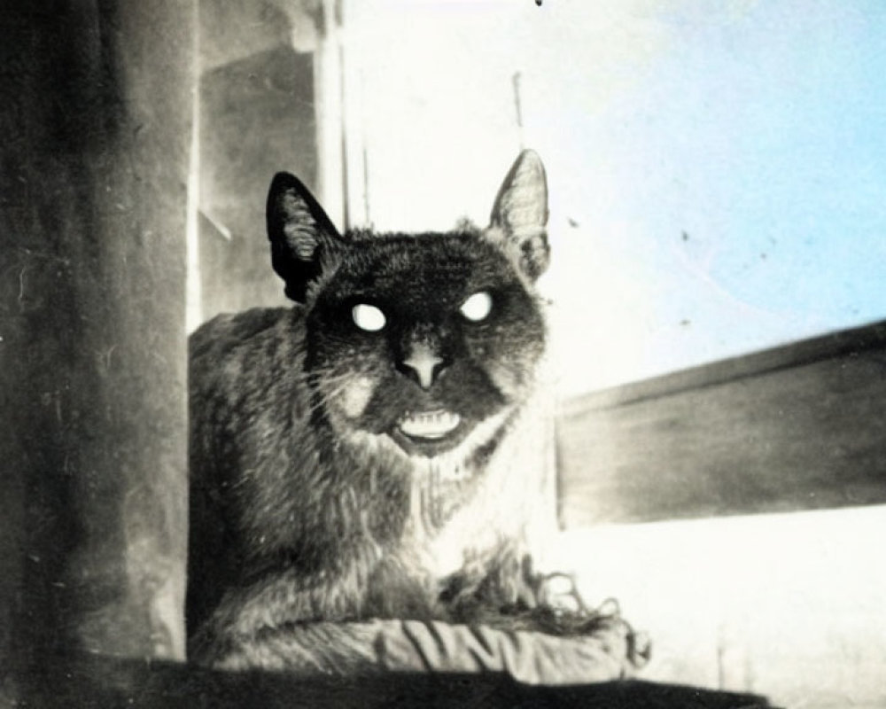Vintage Black and White Photo of Dark-Furred Cat with Glowing Eyes Sitting Indoors
