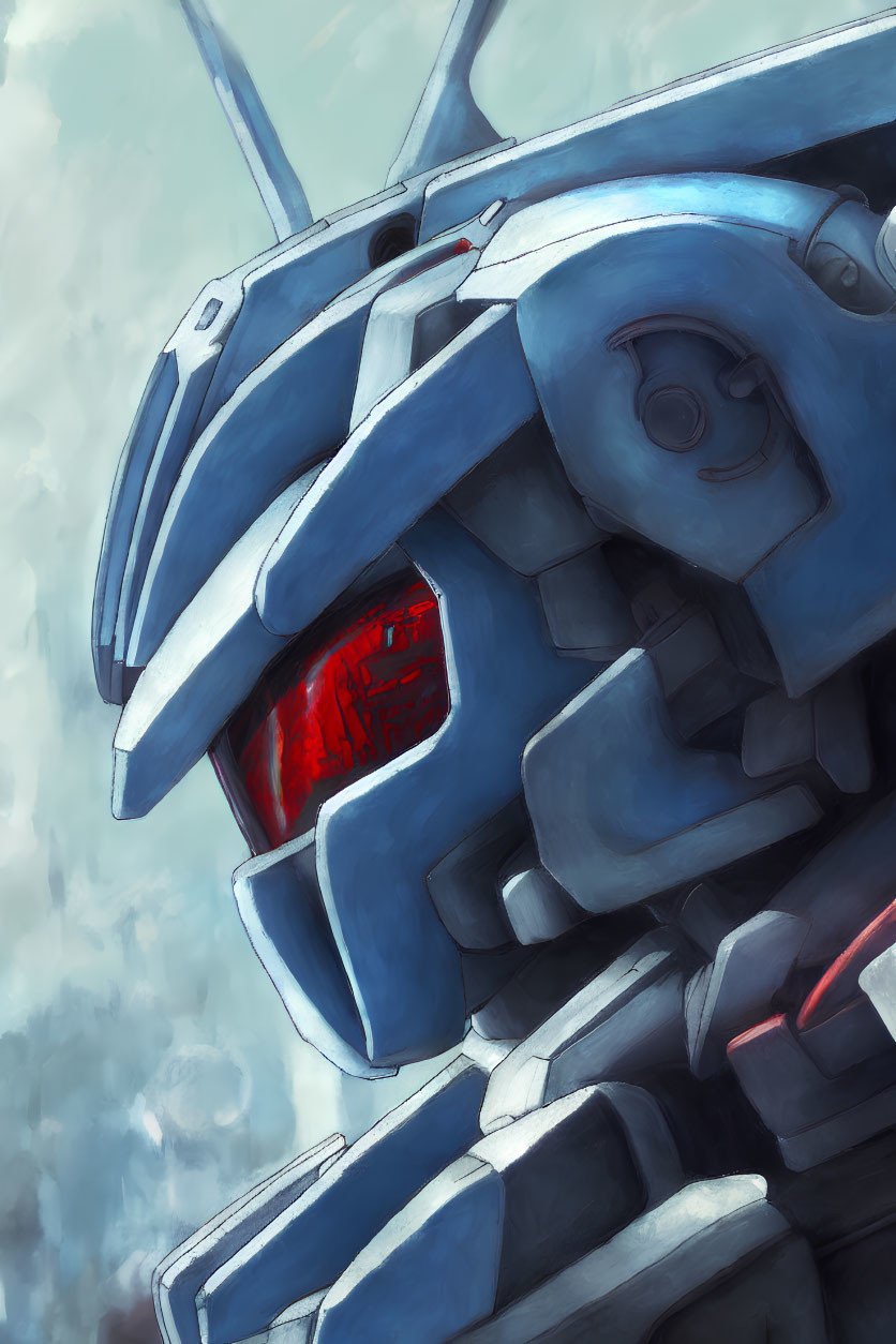 Detailed Close-Up of Blue and White Mech with Glowing Red Visor