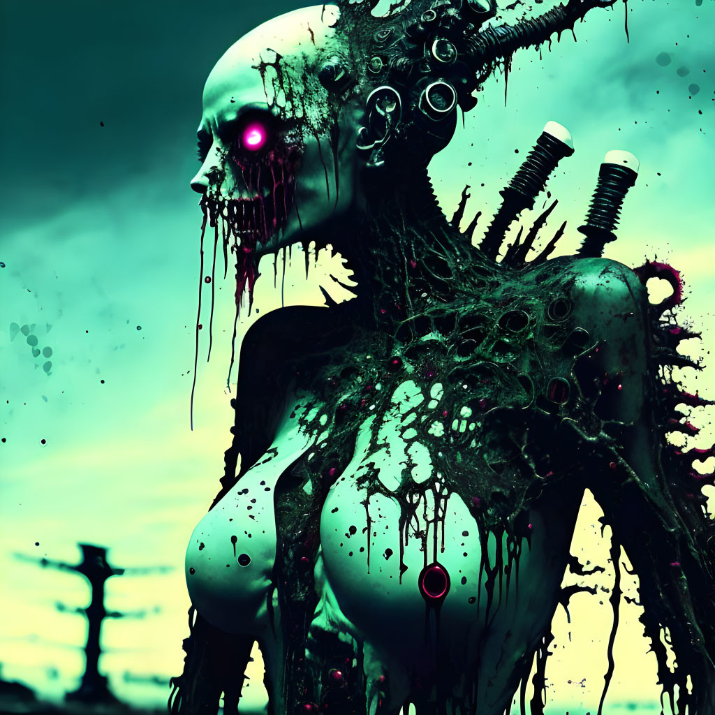 Grotesque cybernetic creature with glowing eye in dark fluid against turquoise sky