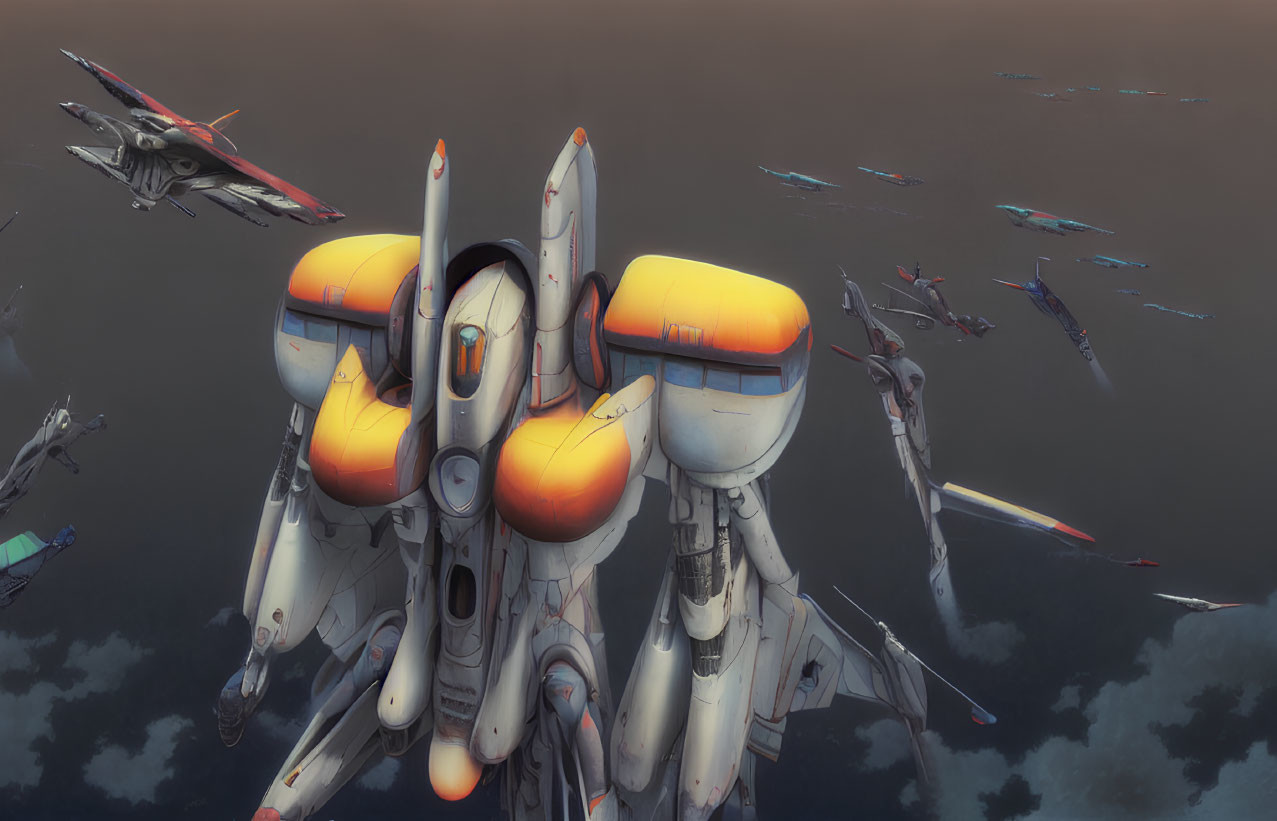 Futuristic white and orange fighter jets in cloudy sky