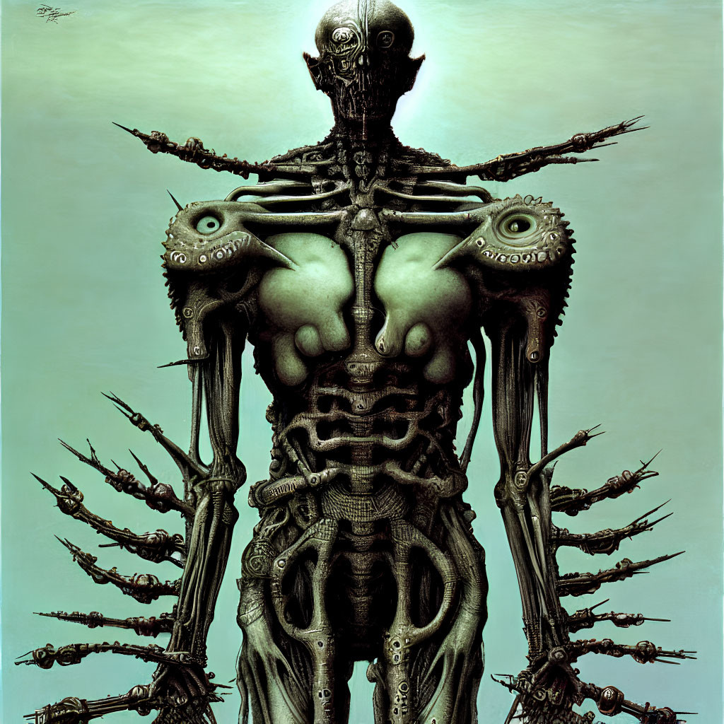 Intricate biomechanical humanoid silhouette with surreal elements