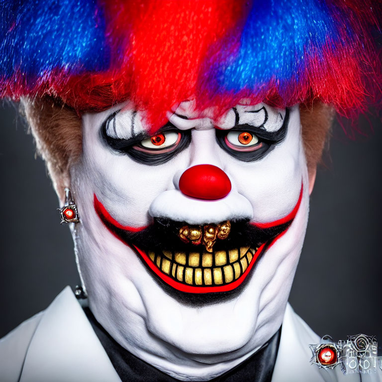 Sinister Clown with Blue and Red Wig and Exaggerated Red Smile