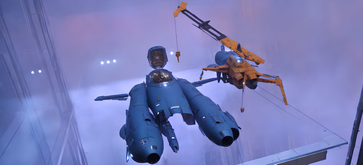 Futuristic blue and yellow-orange spaceships on display