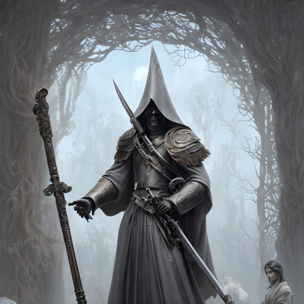 Cloaked figure in armor with staff in misty forest with spectral forms