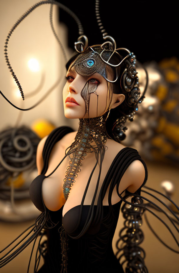 Digital artwork: Female figure with metallic headgear and eye motif