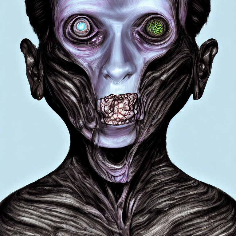 Surreal humanoid creature with multicolored eyes and exposed teeth