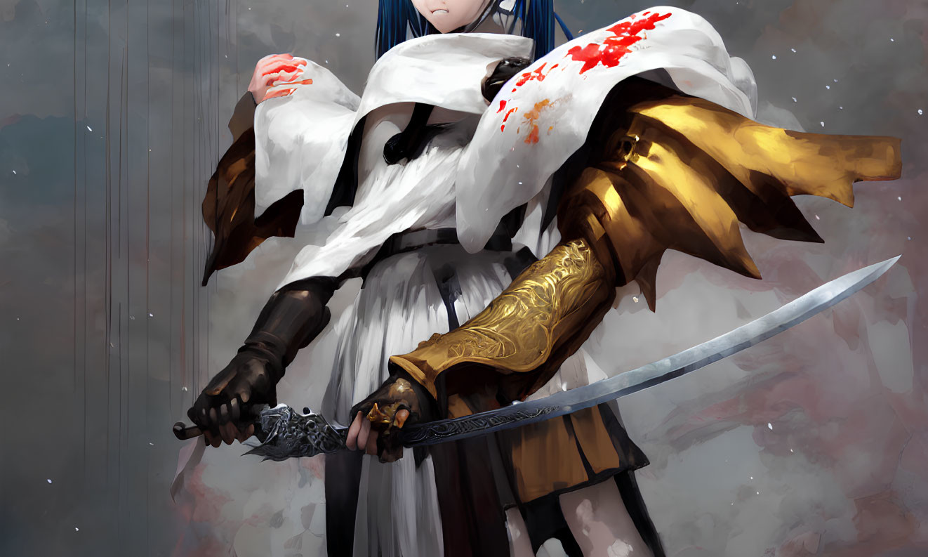 Anime-style female warrior in golden armor with drawn sword and blood-splattered cape