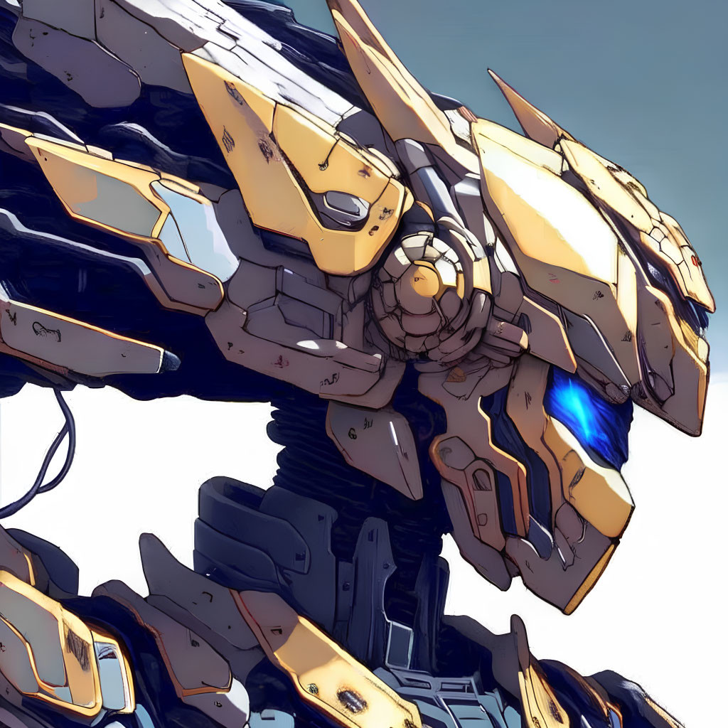 Detailed Yellow and Blue Mecha Robot Illustration on Light Background